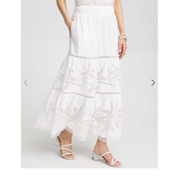 Chicos White Poplin Pull-On Maxi Skirt Applique Cutwork Embroidery Coquette 0 - Picture 1 of 16
